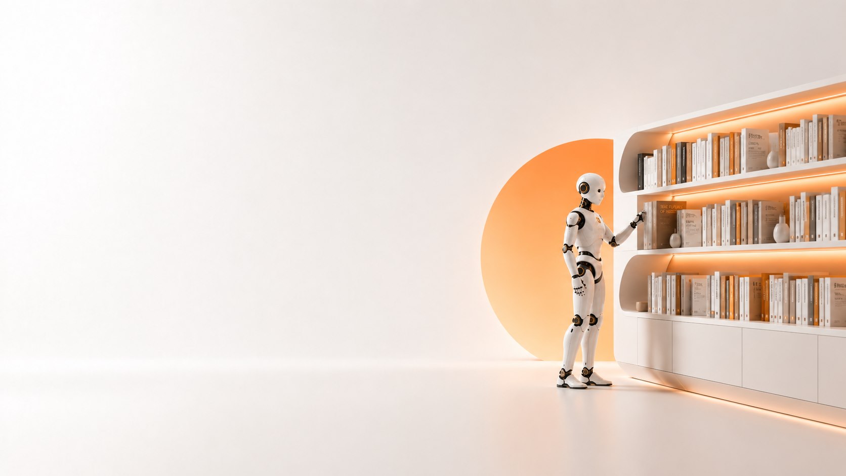 Un robot humanoïde parcourt les rayons d'une bibliothèque, devant un soleil orange.